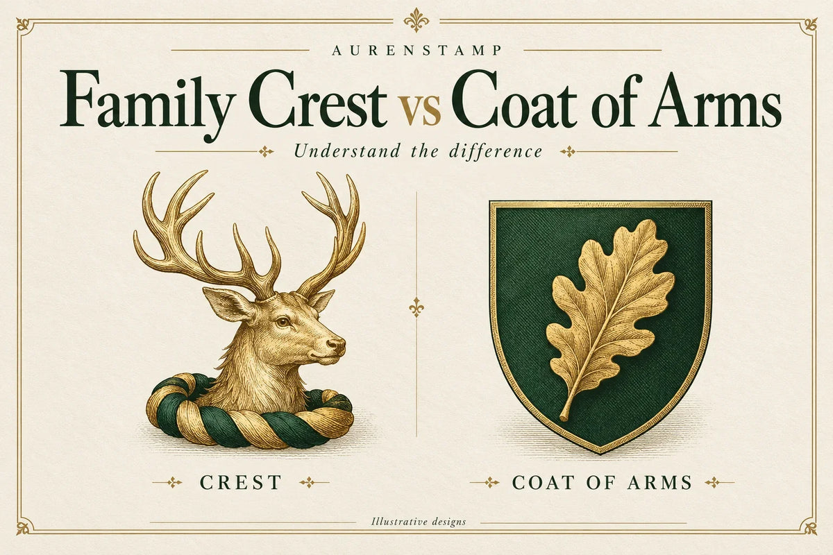 Family crest vs coat of arms cover showing a stag-head crest beside a green shield with a gold oak leaf.