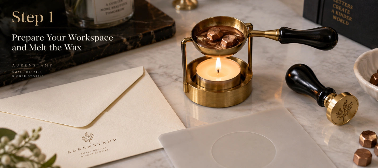 Sealing wax beads melting in a brass spoon over a tealight candle on a heat-resistant workspace, with a wax seal stamp and envelope nearby.