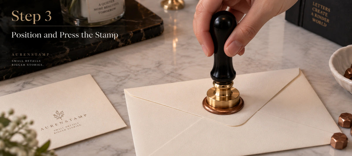 Hand pressing a wax seal stamp straight down into warm sealing wax on an envelope to create an even impression.