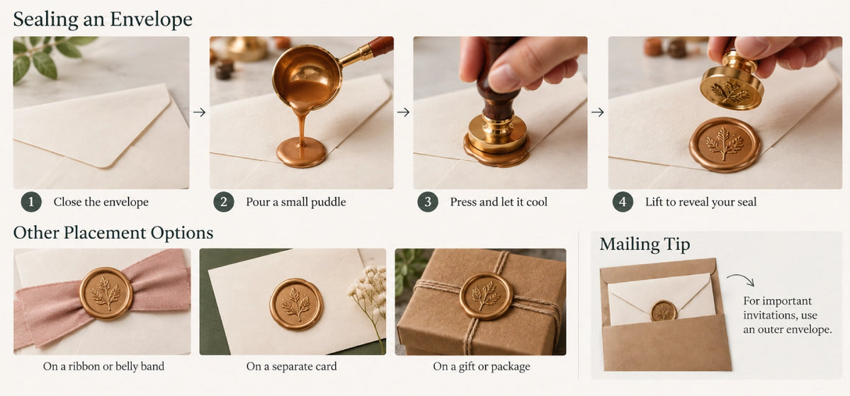Four steps for sealing an envelope with wax, plus examples of wax seals on ribbons, cards, and gifts and a tip to protect invitations with an outer mailing envelope.
