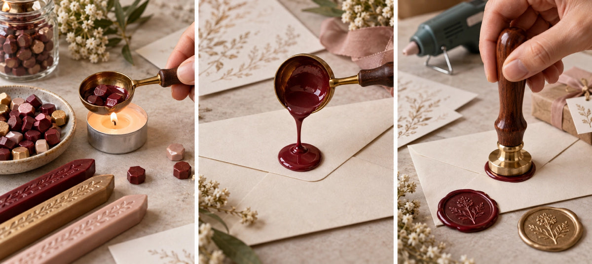 Step-by-step guide showing wax beads melting in a spoon, melted wax being poured onto an envelope, and a wax seal stamp pressing into the wax.