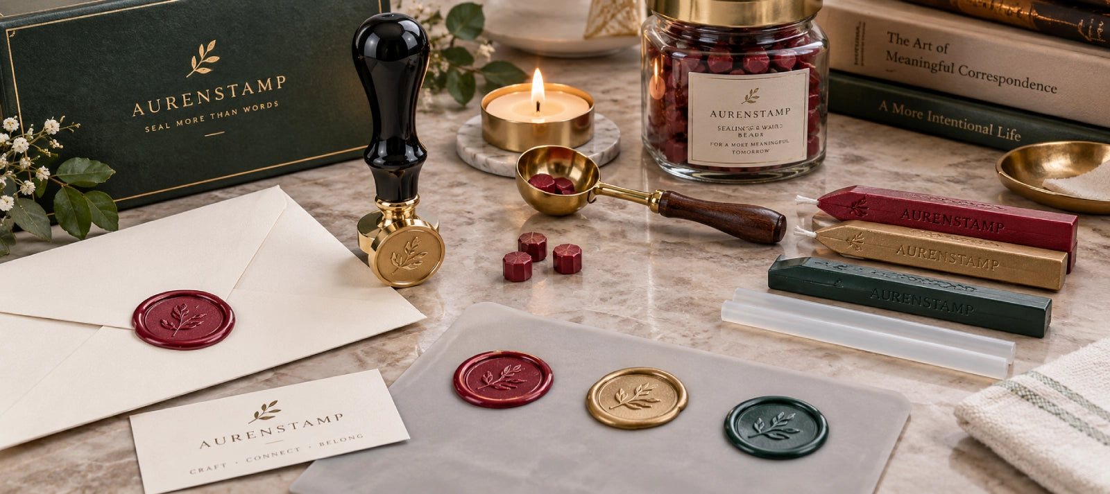 Wax seal stamp kit essentials including a brass stamp, sealing wax beads and sticks, melting spoon, tealight candle, silicone mat, and envelopes on a marble workspace.