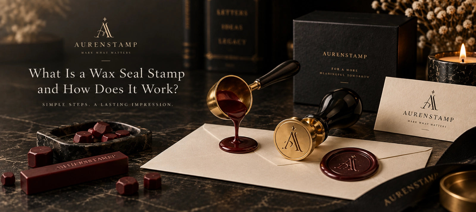 AURENSTAMP wax seal stamp with a brass engraved head beside melted sealing wax, wax beads, and a finished wax seal on an envelope.