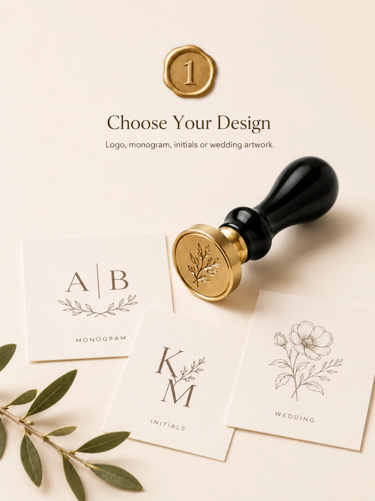 Custom wax seal stamp design options with monogram, initials and wedding artwork cards