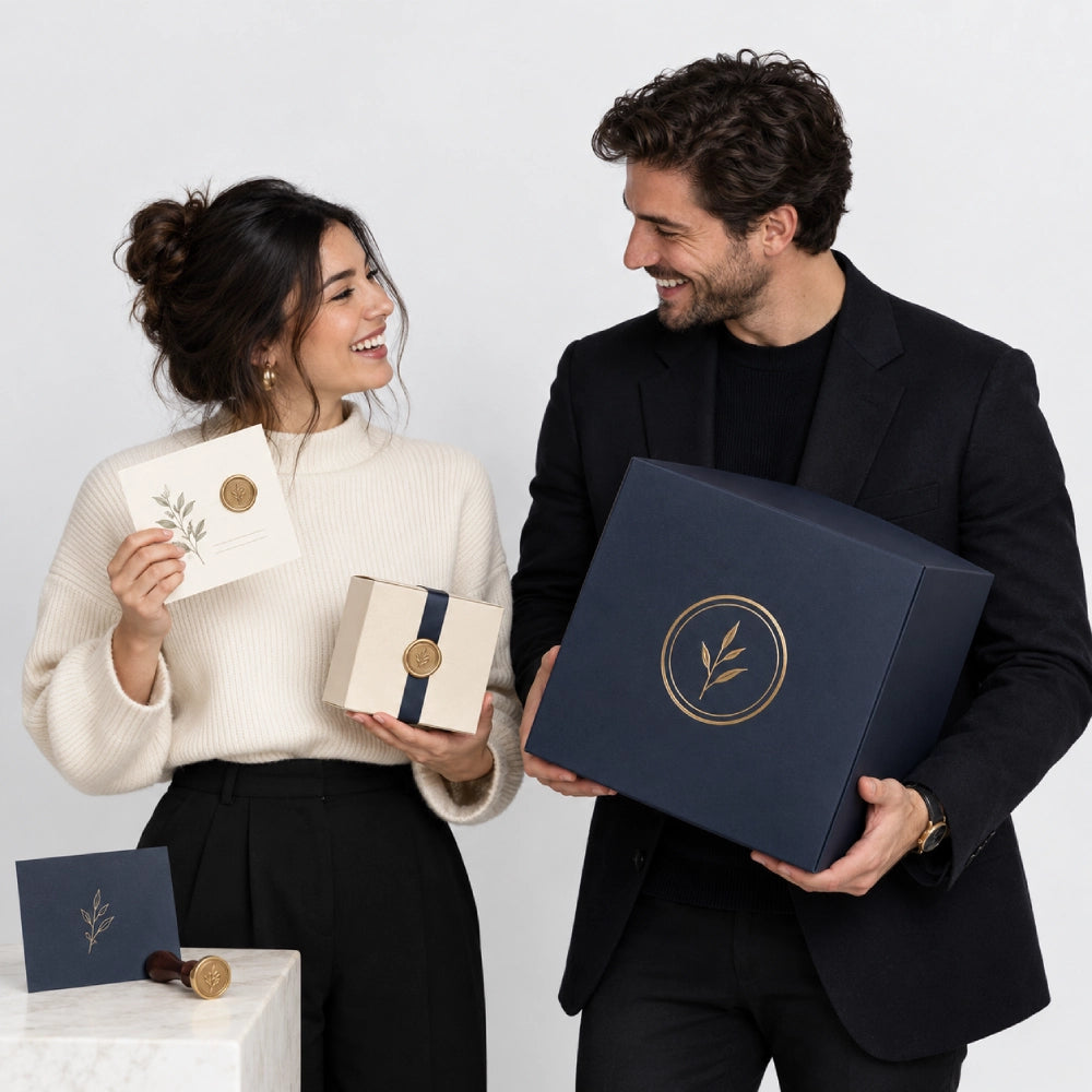 Custom logo wax seal stamp presented with premium branded packaging and wax seal details