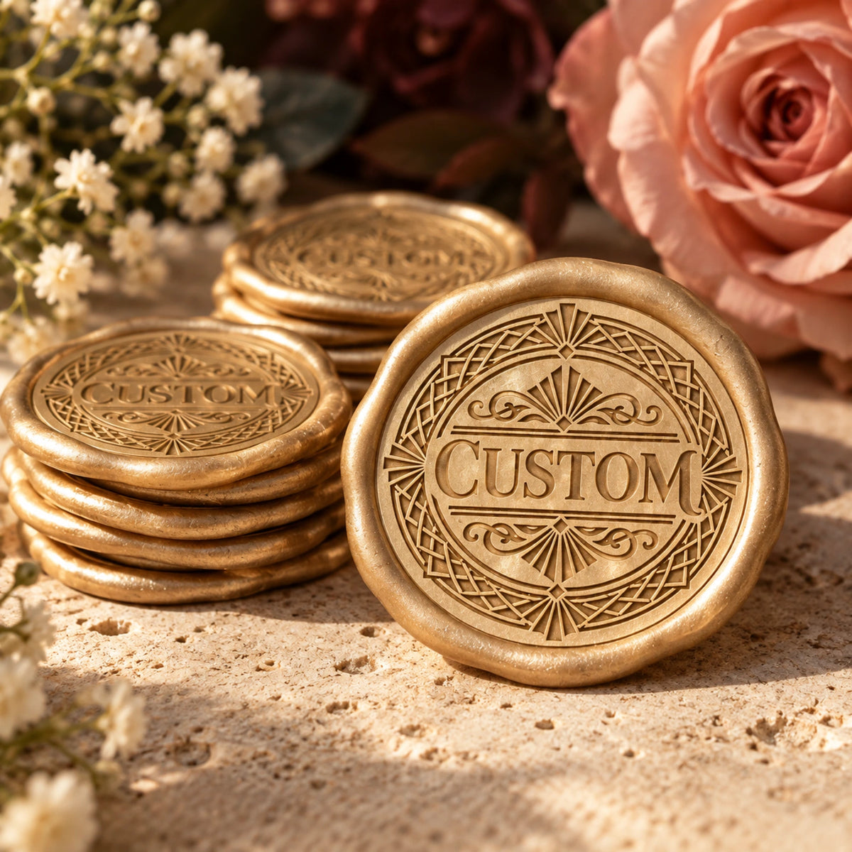 Gold custom wax seal stickers displayed with flowers and decorative packaging