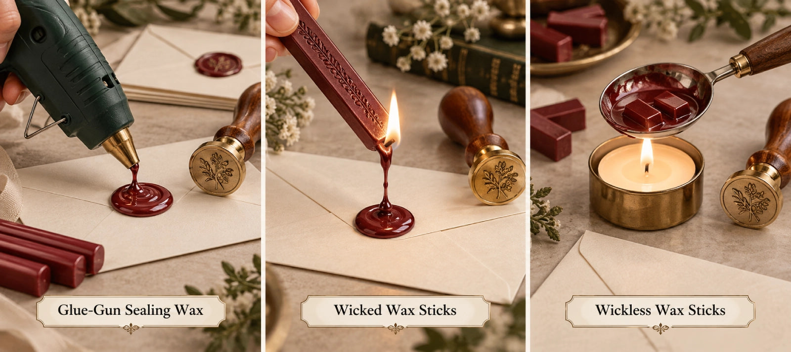 Three ways to melt sealing wax for a wax seal stamp: glue-gun sealing wax, a wicked wax stick, and a wickless wax stick melted in a spoon