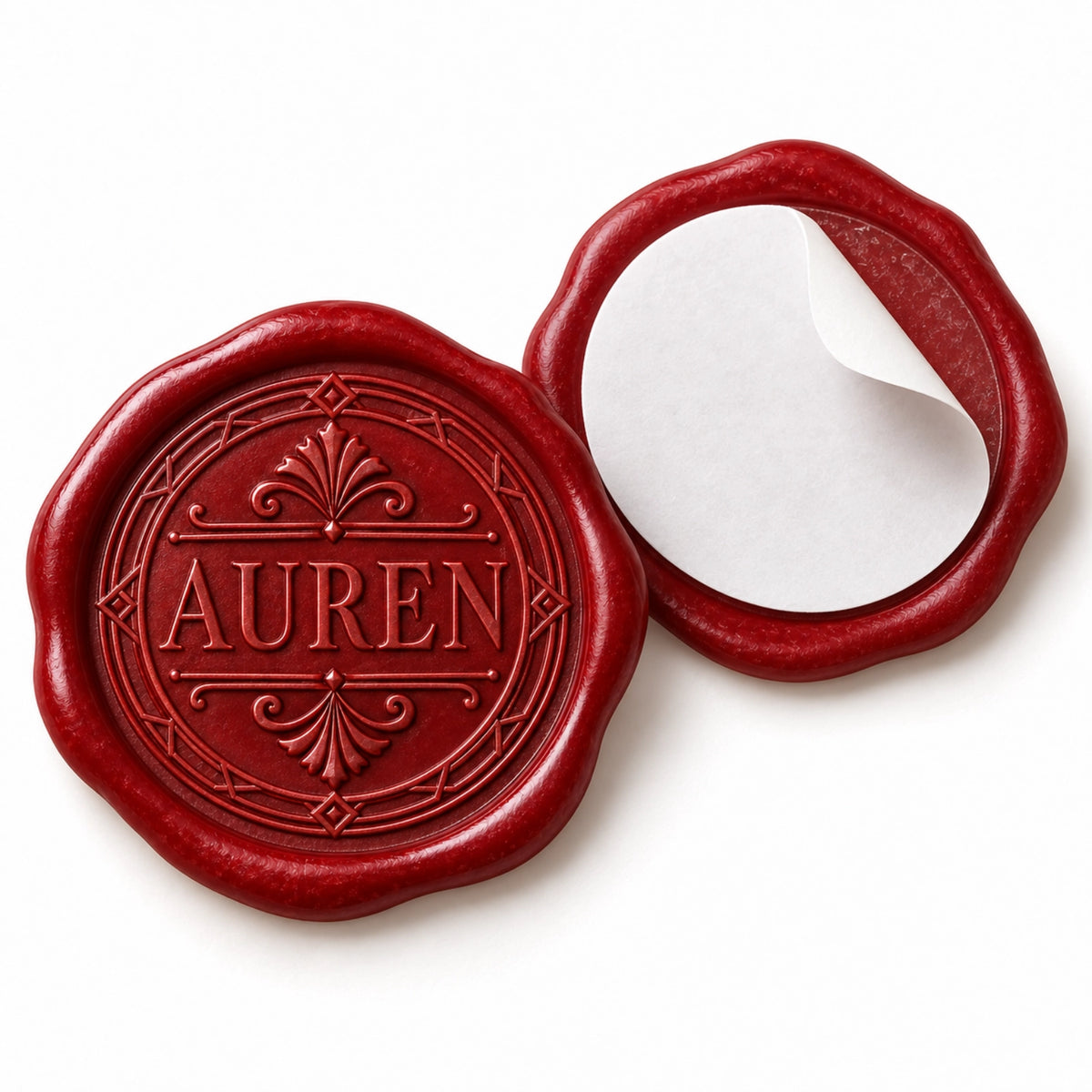 Custom wax seal sticker showing the peel-off self-adhesive backing