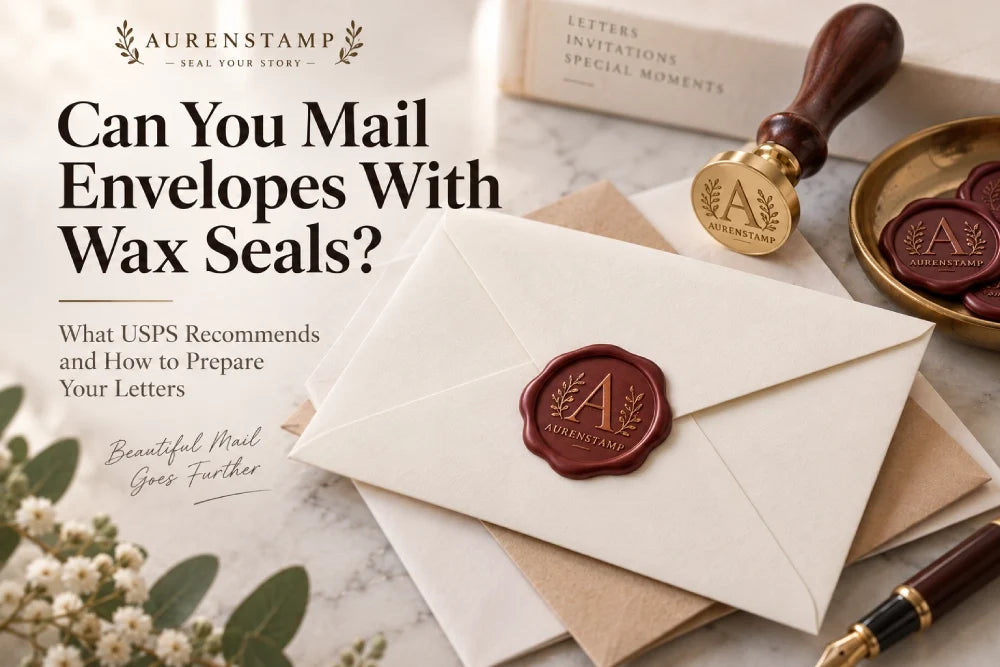 Wax sealed envelopes with an AURENSTAMP wax seal stamp for mailing invitations