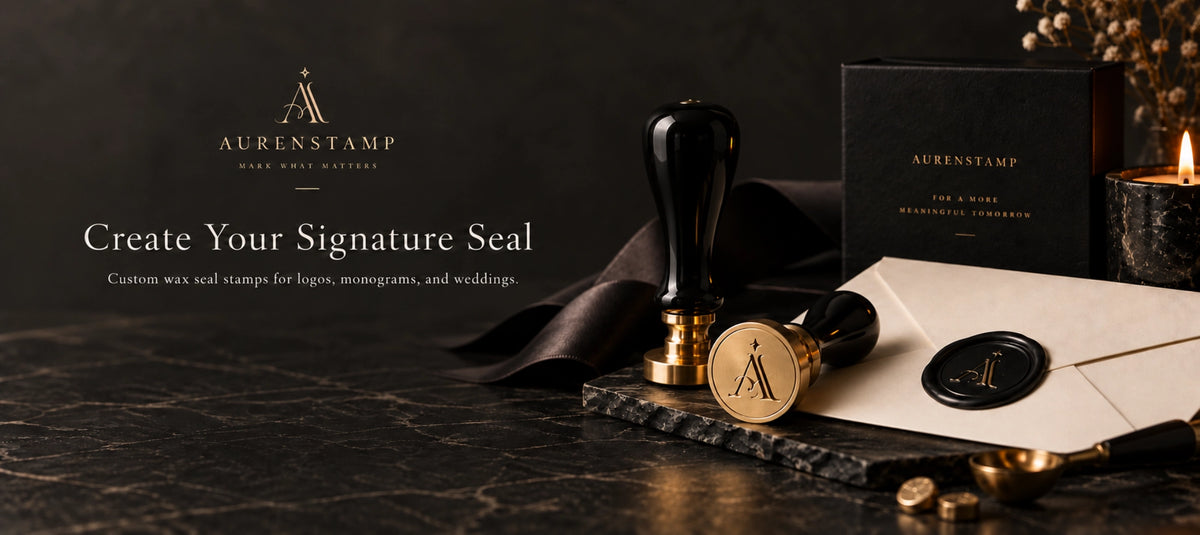 A luxury wax seal stamp set by Aurenstamp, featuring a black and gold wooden-handled seal, a wax seal stamped in gold on white paper, a black wax seal, and branded packaging on a dark marble surface.
