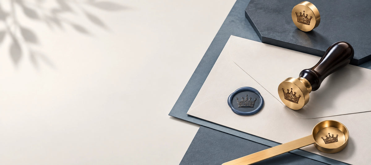Custom wax seal stamp with black handle and brass head displayed on blue-gray stationery with a finished wax seal