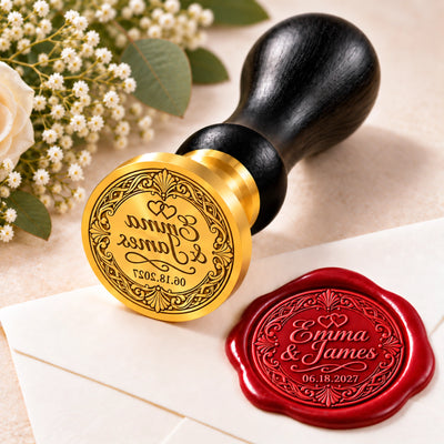 custom wedding wax seal stamp designed to bring a personal finishing touch to your wedding stationery. Add your initials, names, wedding date, monogram, crest, or a meaningful symbol to create a seal that feels uniquely connected to your celebration.