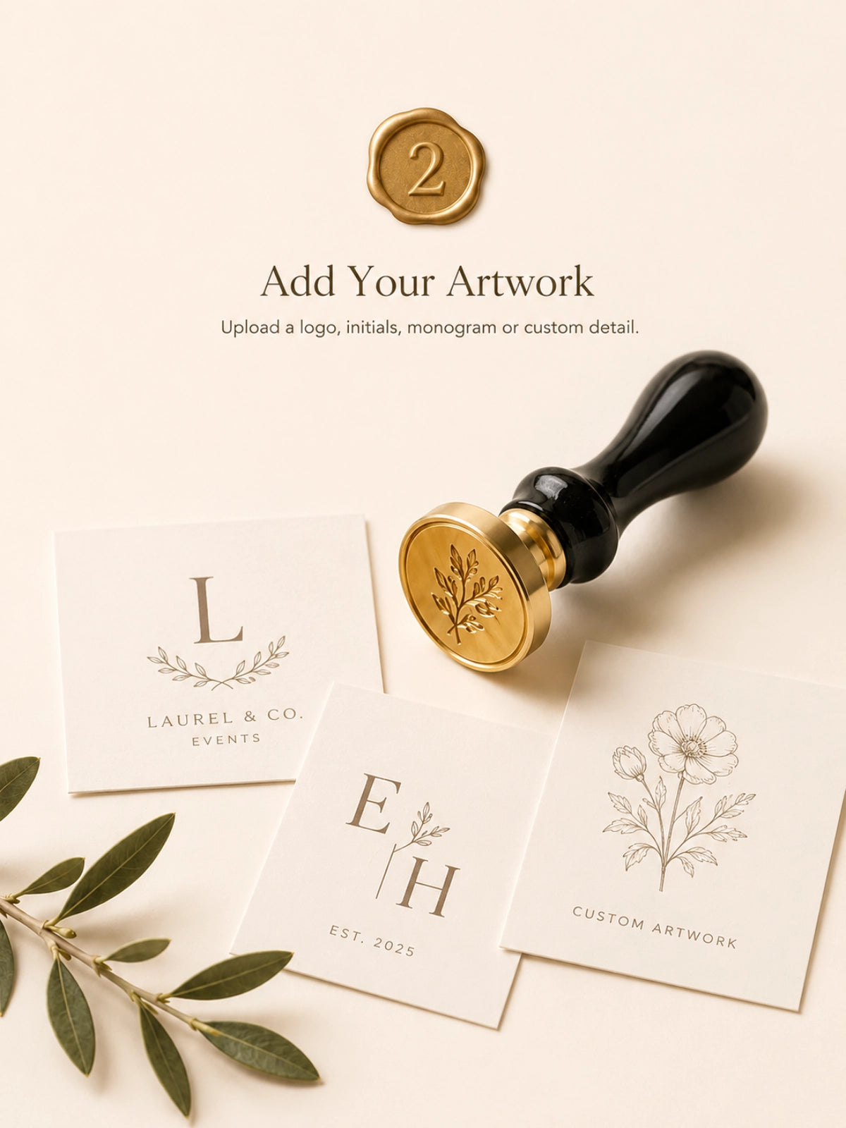 Custom wax seal stamp with artwork cards showing logo, monogram and initials design examples