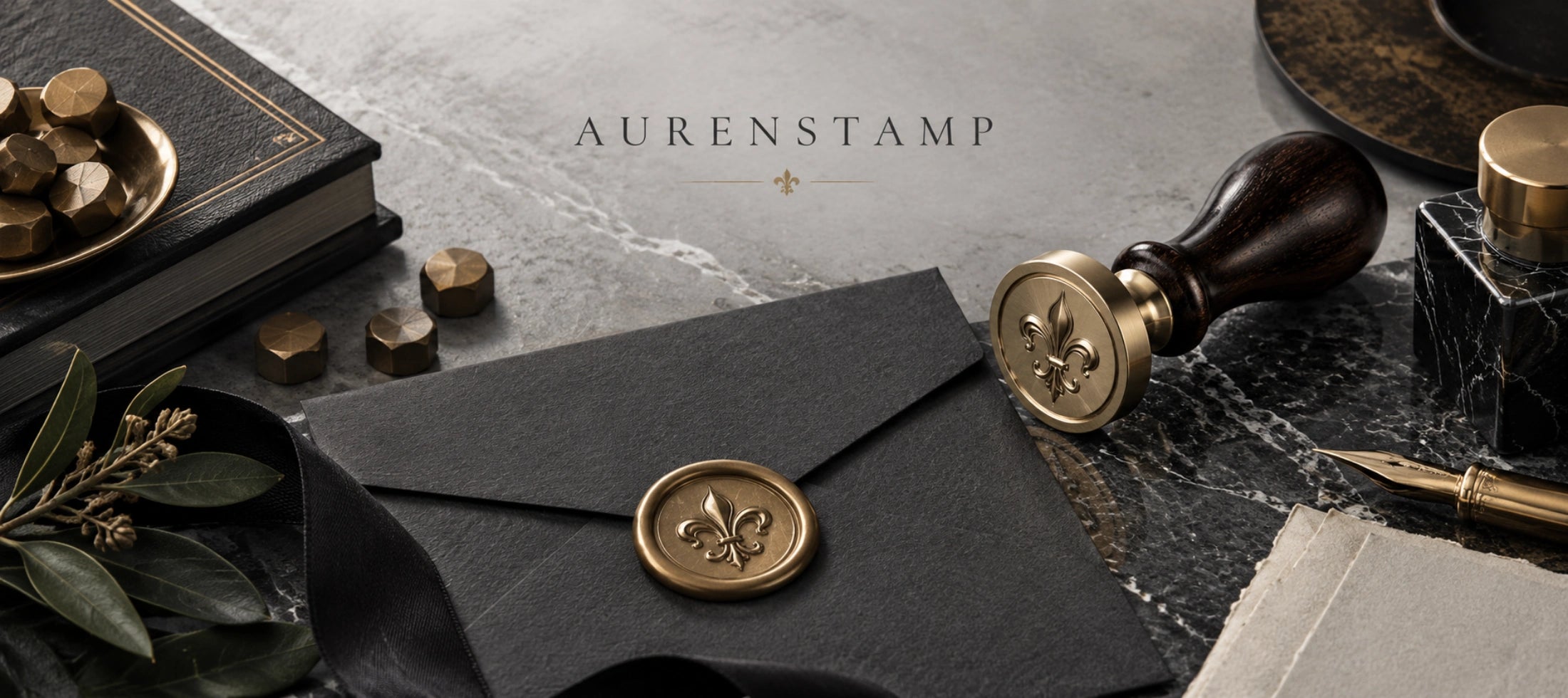 AURENSTAMP custom wax seal stamp with a brass head and dark wooden handle, displayed on luxury stationery with a gold wax seal.
