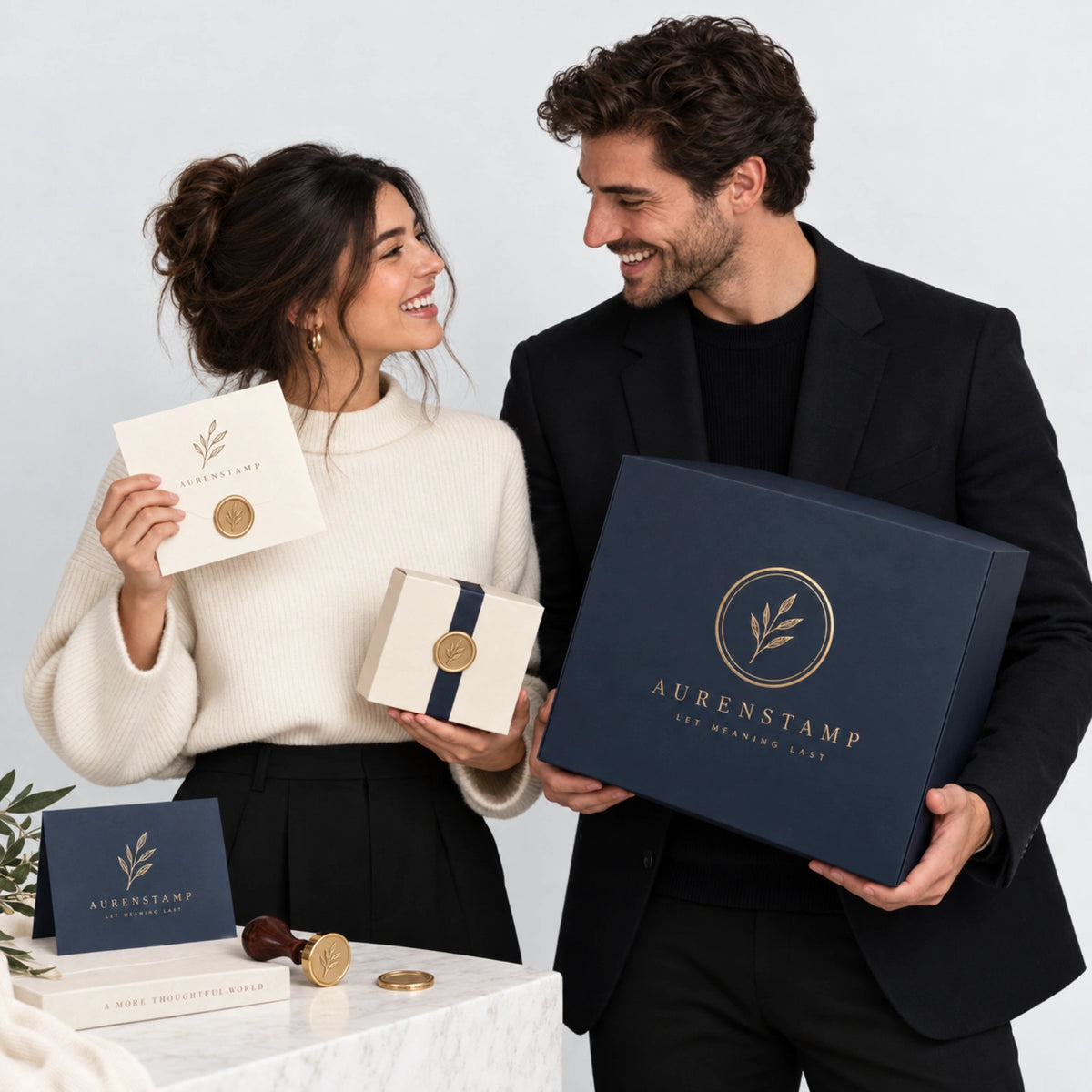 Couple holding AURENSTAMP branded gift packaging and a personalized wax seal card, celebrating meaningful details.