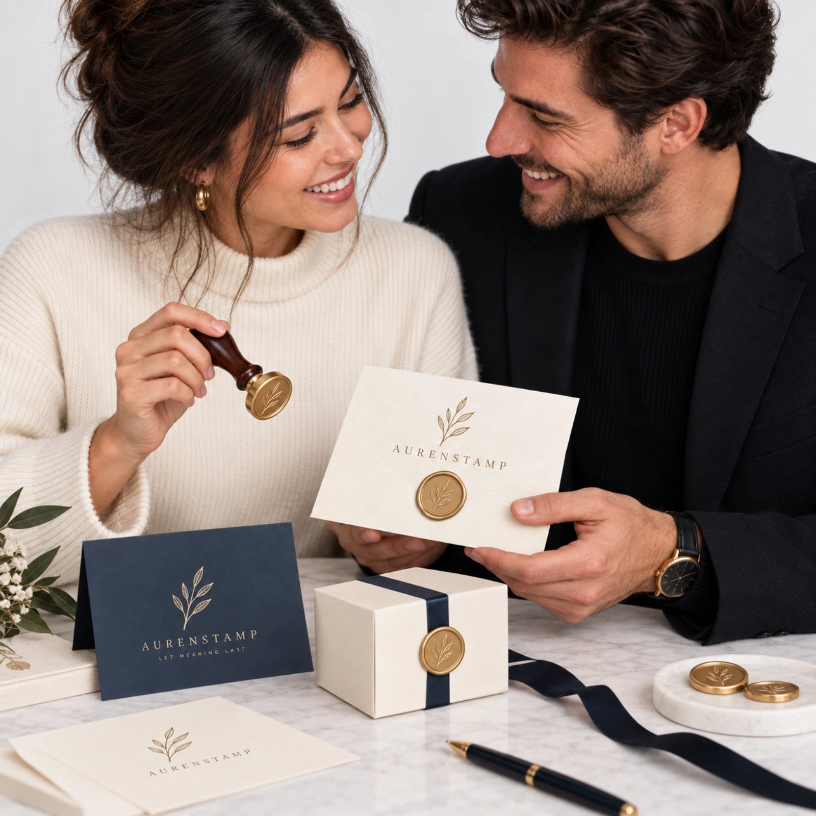 Couple personalizing an AURENSTAMP wax seal stamp with a custom design on elegant stationery.