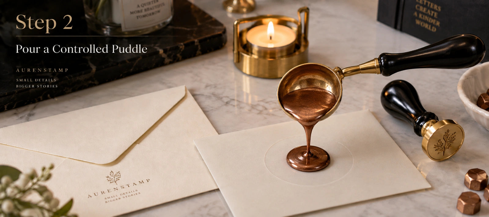 Melted sealing wax being poured from a brass spoon into a small, controlled puddle on an envelope.