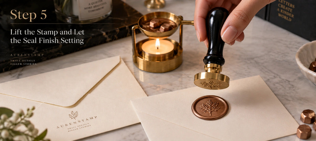 Hand lifting a brass wax seal stamp straight up from a finished wax seal, revealing a detailed botanical impression on an envelope.