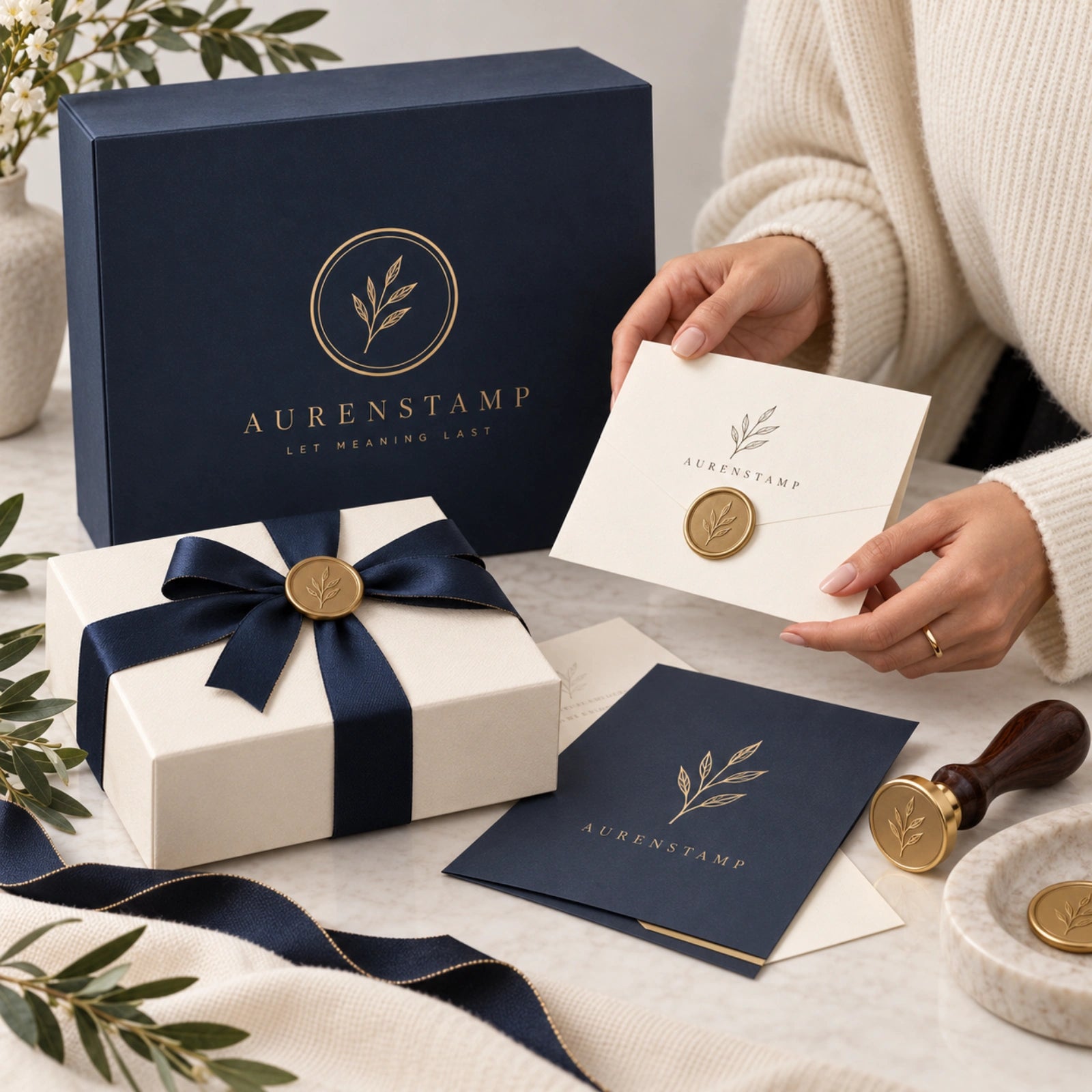 Customer holding an AURENSTAMP wax-sealed card beside premium gift packaging and a personalized brass wax seal stamp.
