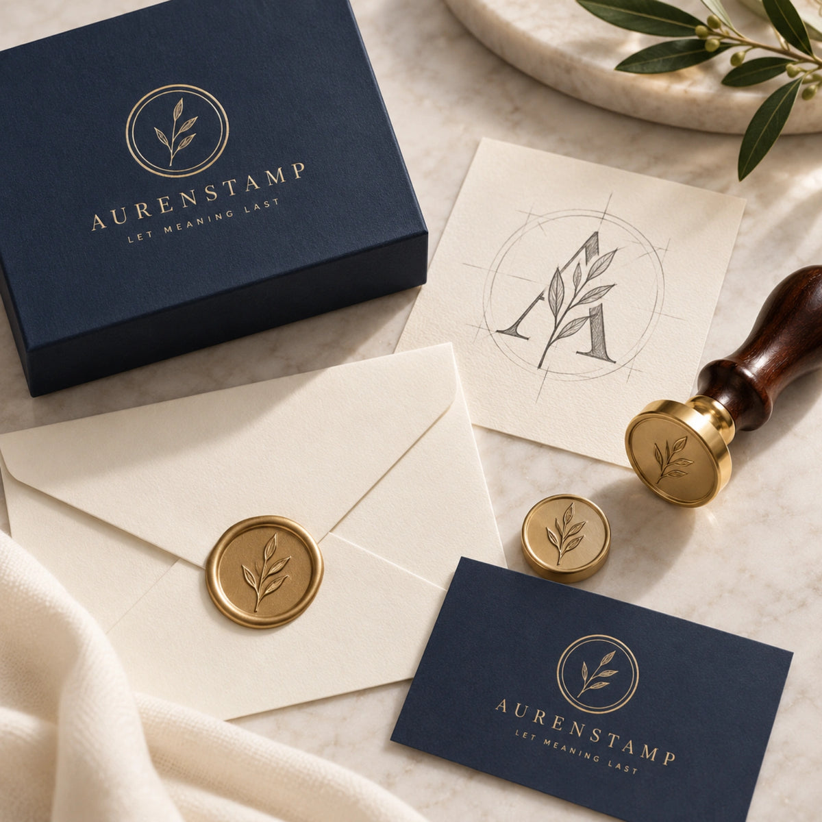 Custom wax seal stamp beside monogram artwork, engraved brass stamp heads, and AURENSTAMP branded stationery.