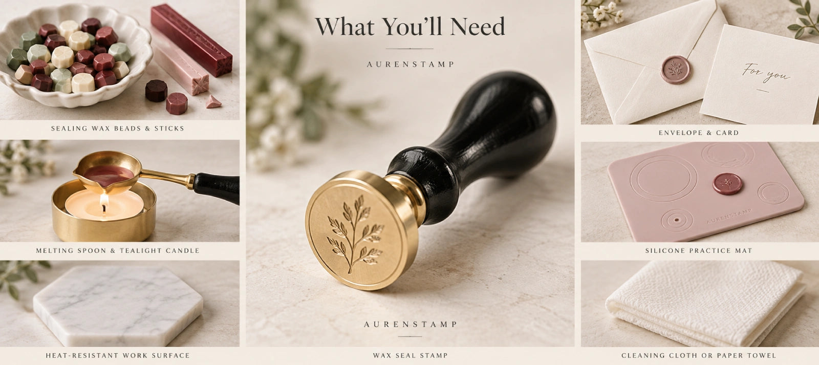 AURENSTAMP wax seal stamp kit essentials featuring a wax seal stamp, sealing wax beads, a melting spoon, tealight candle, envelope, practice mat, and cleaning cloth