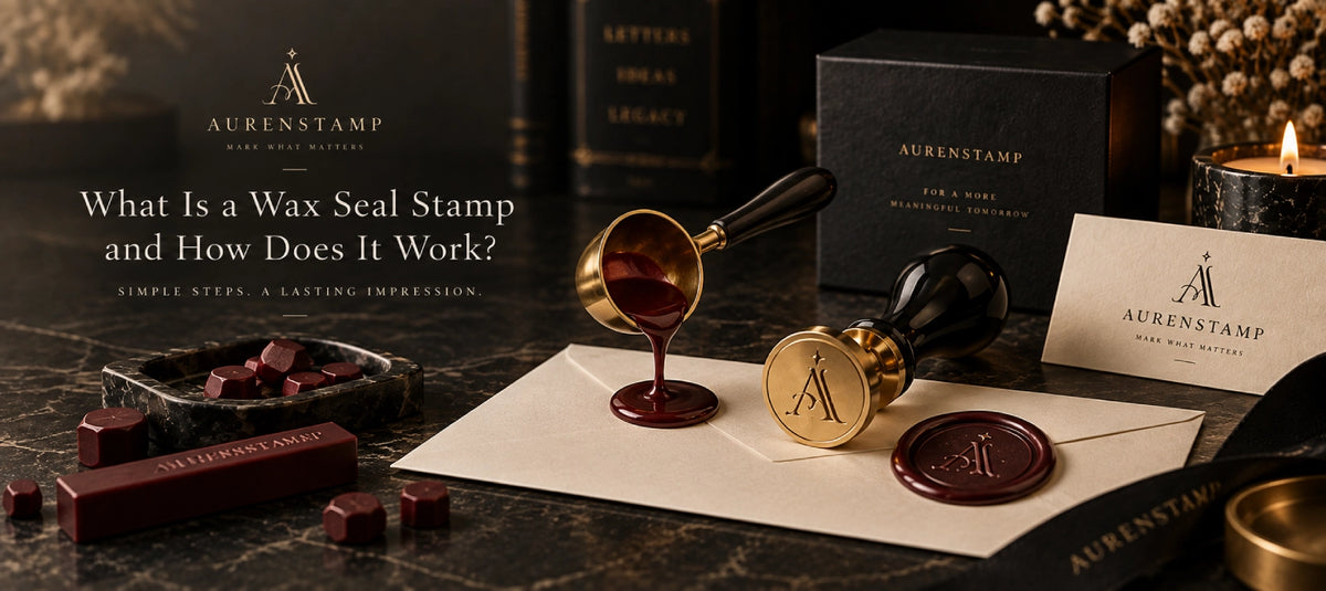 AURENSTAMP wax seal stamp with a brass engraved head beside melted sealing wax, wax beads, and a finished wax seal on an envelope.