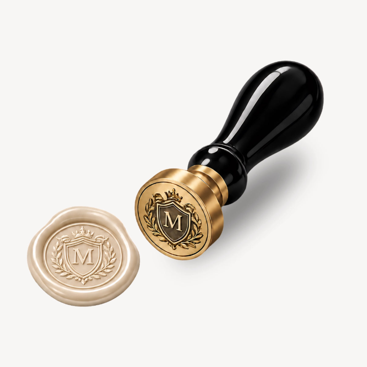 Custom family crest wax seal stamp with personalized heraldic emblem and wax impression