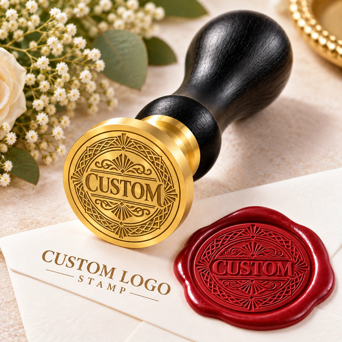 Custom logo wax seal stamp with engraved brass head and matching red wax seal