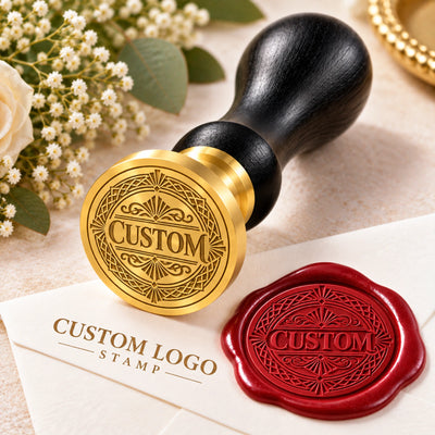 Custom logo wax seal stamp with engraved brass head and matching red wax seal