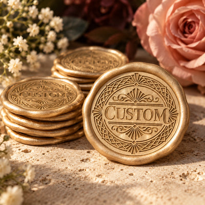 Gold custom wax seal stickers displayed with flowers and decorative packaging