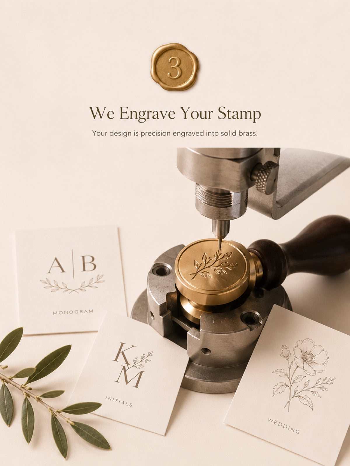Precision engraving of a custom wax seal stamp design into a solid brass stamp head