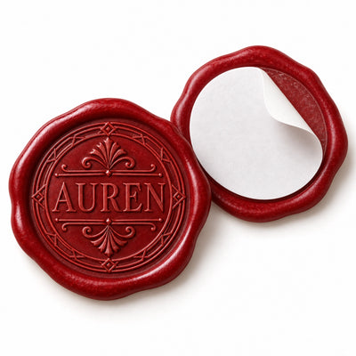 Custom wax seal sticker showing the peel-off self-adhesive backing