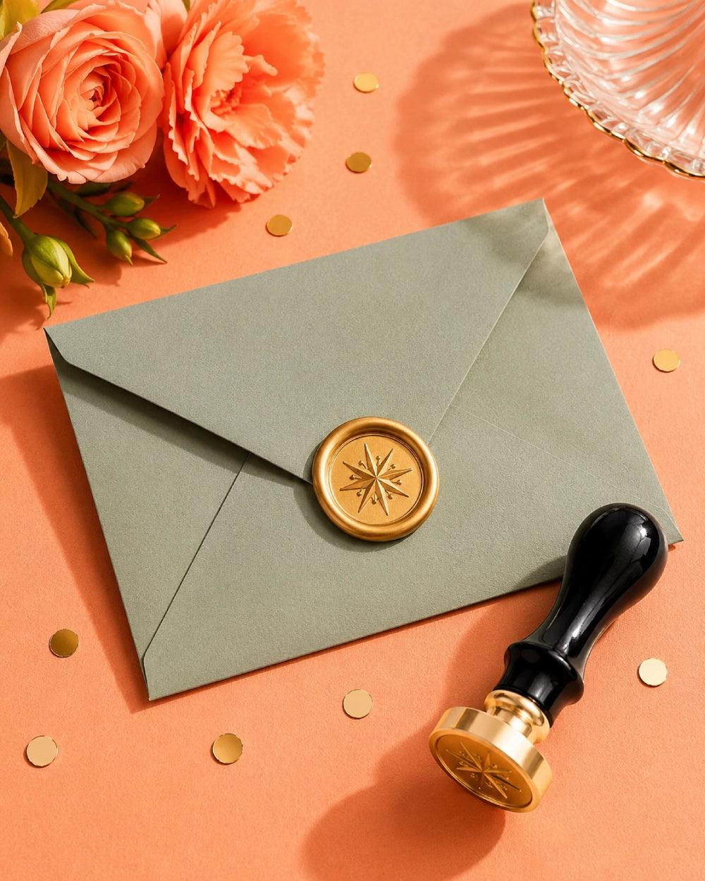 Black handle wax seal stamp with bright gold head beside a green envelope and floral wax seal on colorful stationery